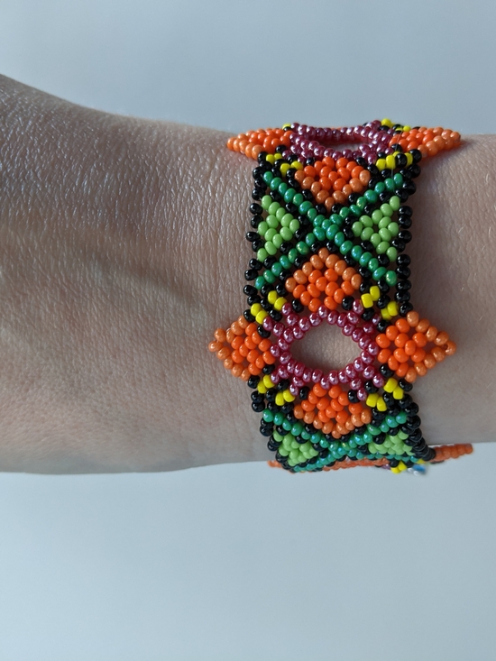 Handmade Jewelry - Colorful Seed Bead Bracelet — Orange & Green Geometric Design